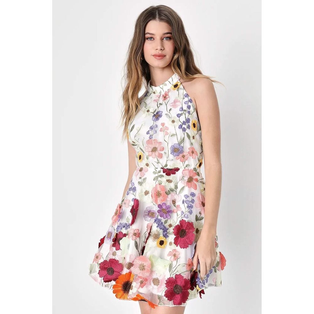 Lulus Blooming Bliss Ivory 3D Floral Embroidered Halter Mini Dress XL
